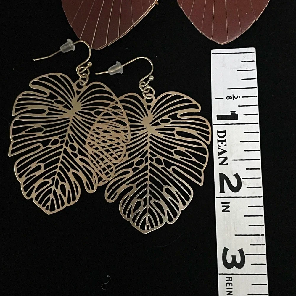 Boho 2‎ pairs Dangle Earrings, Gold Burgundy Feather and Large Gold leaves
